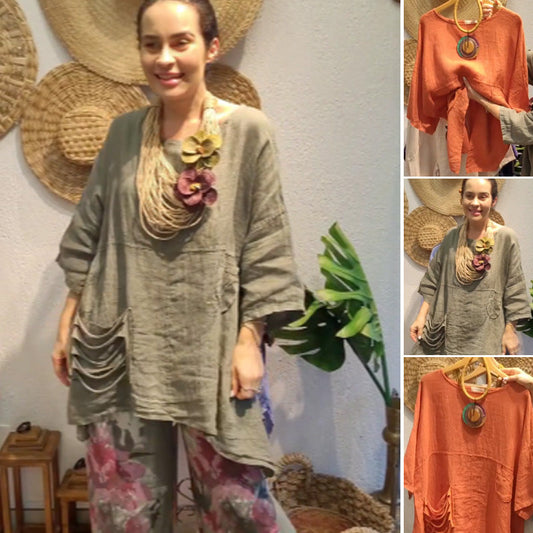 ⏳Limited time 50% off⏳Women's Loose Fit Linen Top with Side Pockets